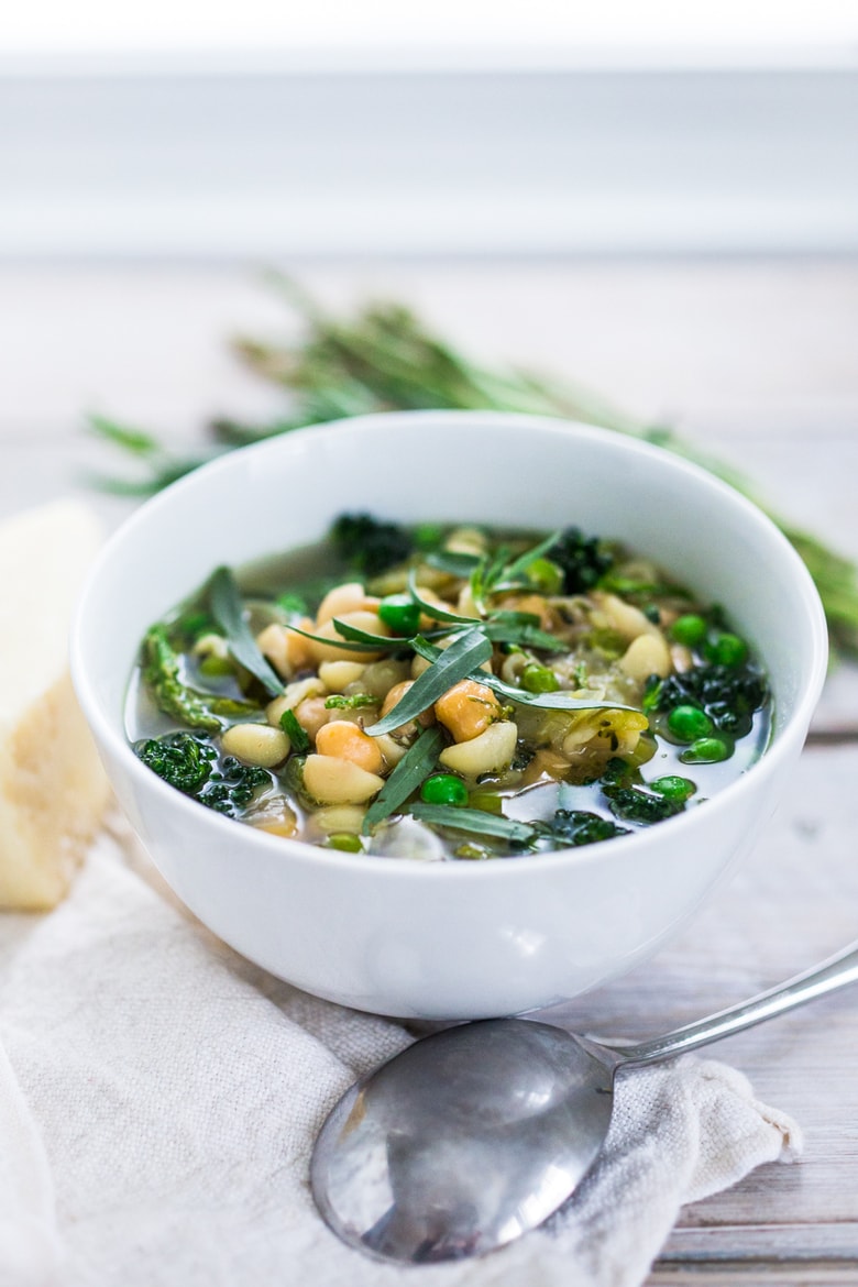 A delicious recipe for Minestrone Soup with Chickpeas and vibrant spring green vegetables. Keep it vegetarian or make it vegan- a simple adaptable recipe that makes for healthy weeknight dinner. 