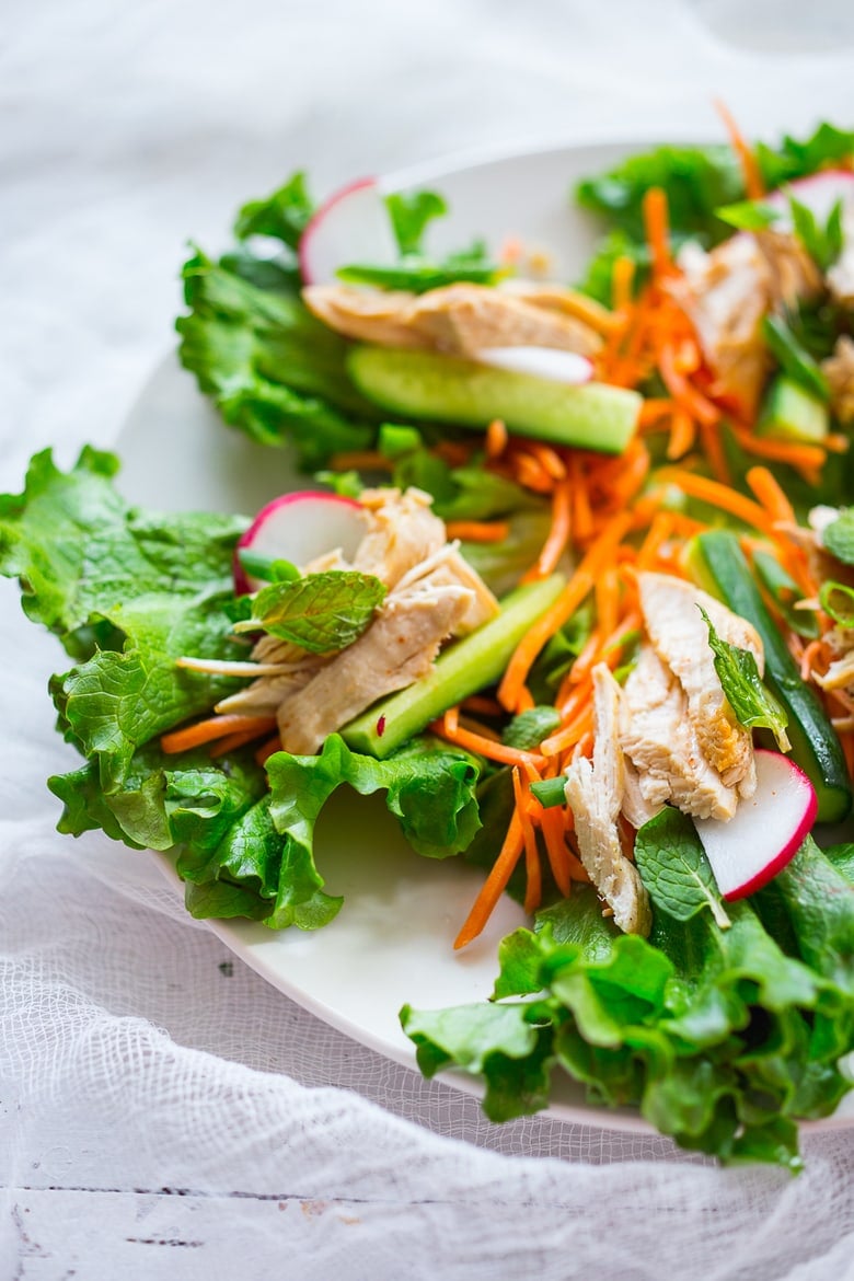 Fresh and healthy Vietnamese chicken lettuce wraps with veggies and Nuoc Cham | www.feastingathome.com