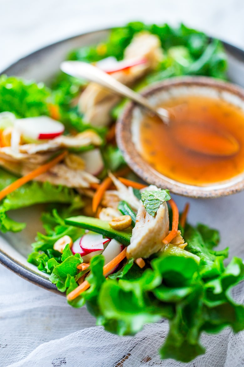 Fresh and healthy Vietnamese chicken lettuce wraps with veggies and Nuoc Cham | www.feastingathome.com