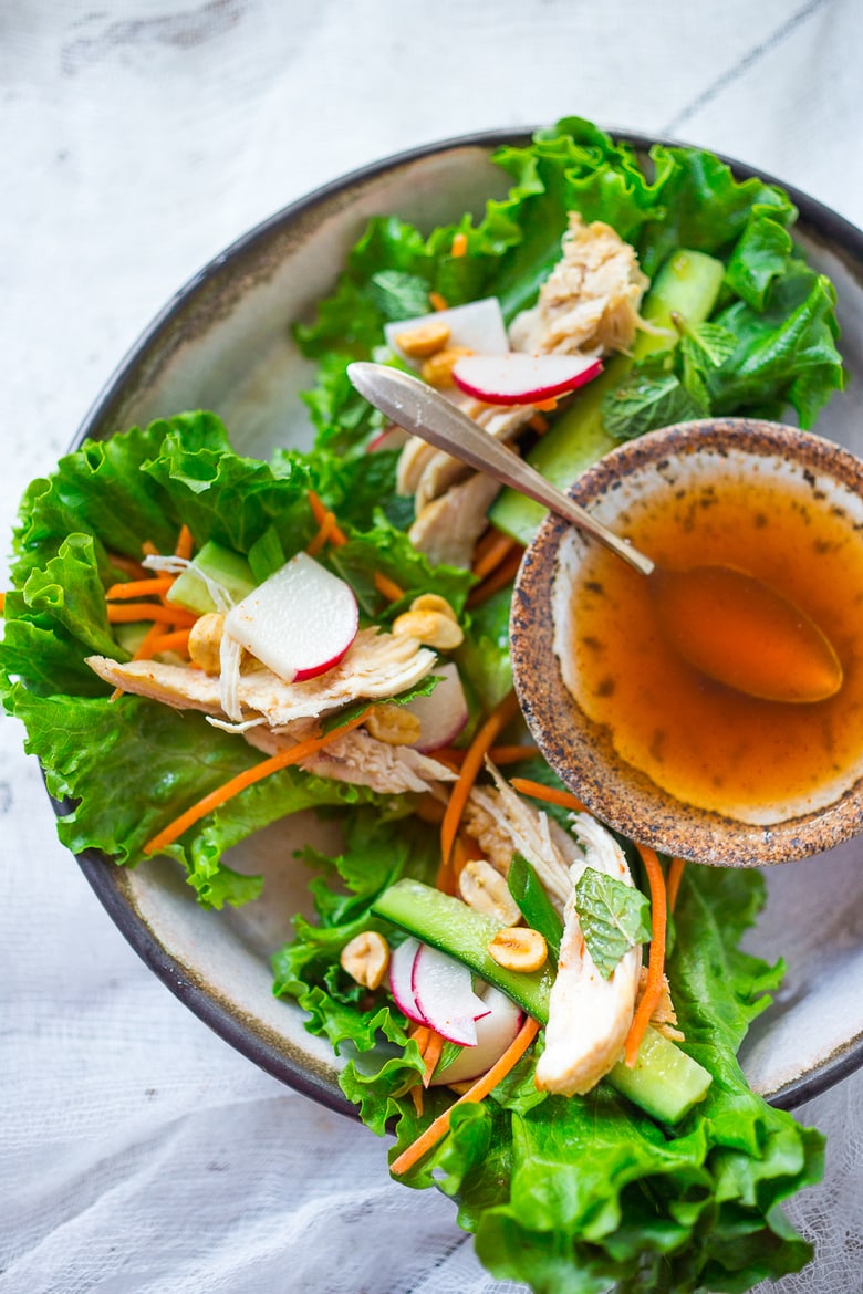 Fresh and healthy Vietnamese chicken lettuce wraps with veggies and Nuoc Cham | www.feastingathome.com