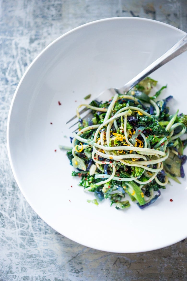 Garlicky Cruciferous Pasta- a simple vegan pasta dish loaded with cruciferous vegetables with garlic, lemon zest and chili flakes. | www.feastingathom.com