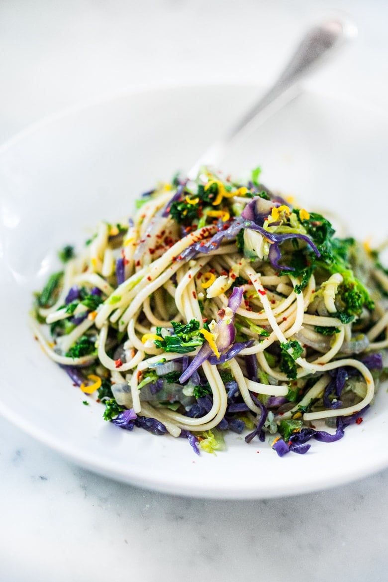 Garlicky Cruciferous Pasta with broccoli, cauliflower, brussels sprouts, cabbage and kale - a simple vegan pasta you can make in under 30 minutes! | www.feastingathome.