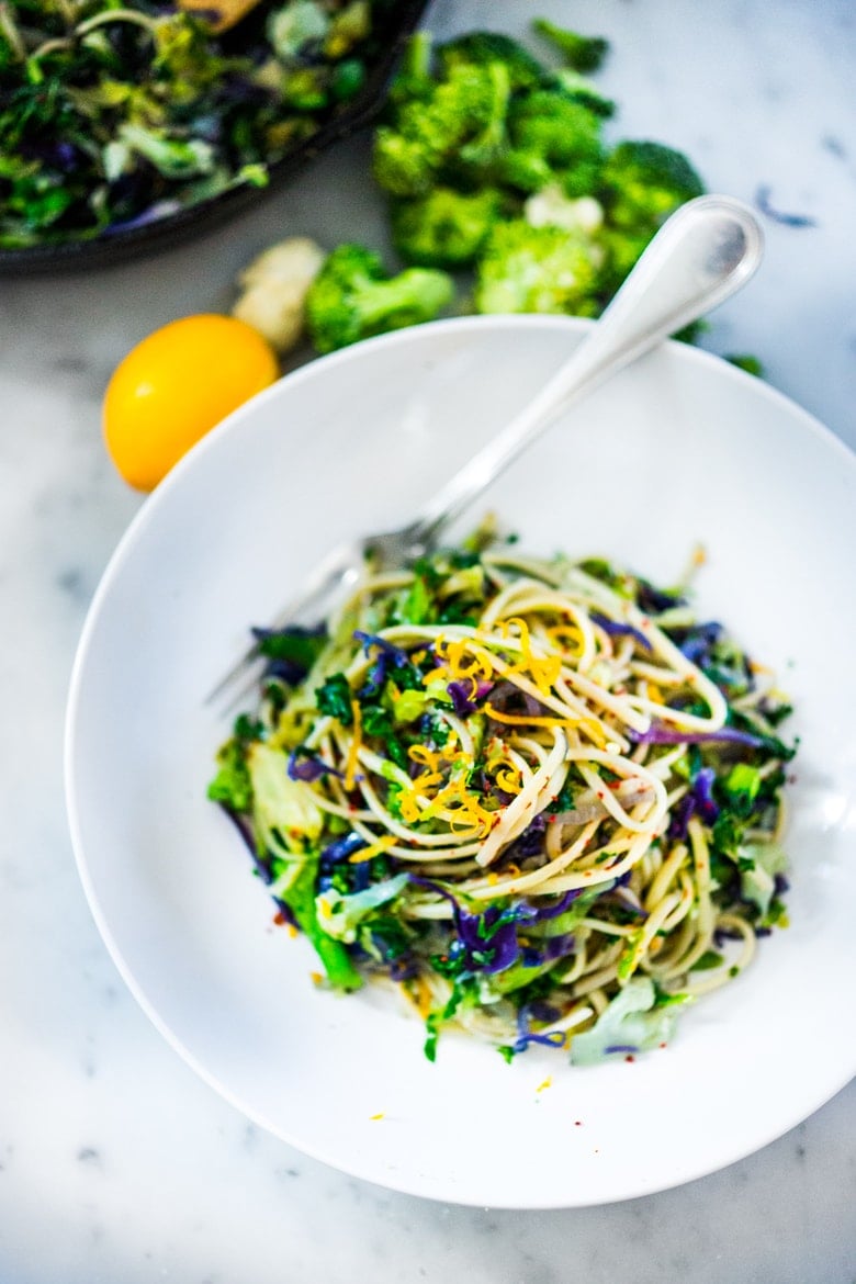 Garlicky Cruciferous Pasta with broccoli, cauliflower, brussels sprouts, cabbage and kale - a simple vegan pasta you can make in under 30 minutes! | www.feastingathome.com