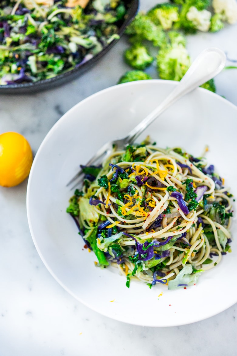 Garlicky Cruciferous Pasta- a simple vegan pasta dish loaded with cruciferous vegetables with garlic, lemon zest and chili flakes. | www.feastingathom.com