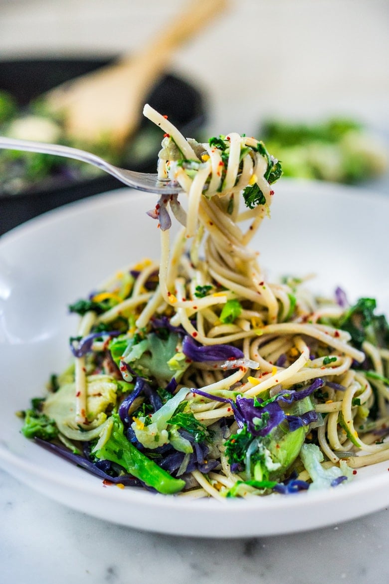 Garlicky Cruciferous Pasta with broccoli, cauliflower, brussels sprouts, cabbage and kale - a simple vegan pasta you can make in under 30 minutes! | www.feastingathome.com