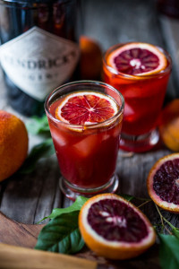 A Negroni is a classic Italian cocktail made up of Gin, Campari and Sweet Vermouth. Here we've simply substituted a blood orange instead of a regular orange for a more festive presentation. Shaken with ice and strained into a little glass -- it's one of my favorites.