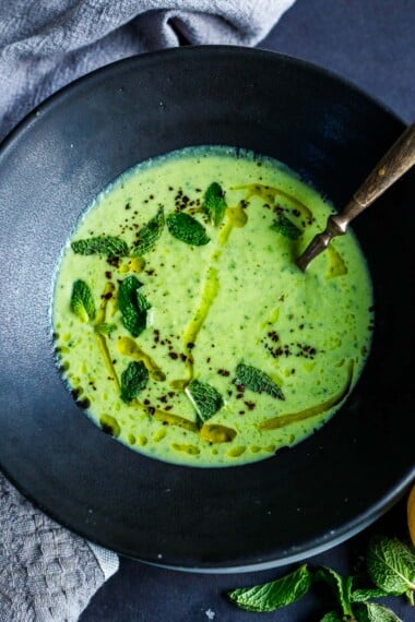 This Minted Pea Soup is refreshing and light. Perfect for spring gatherings, it's fast and easy to make using fresh or frozen peas. Vegan-adaptable.