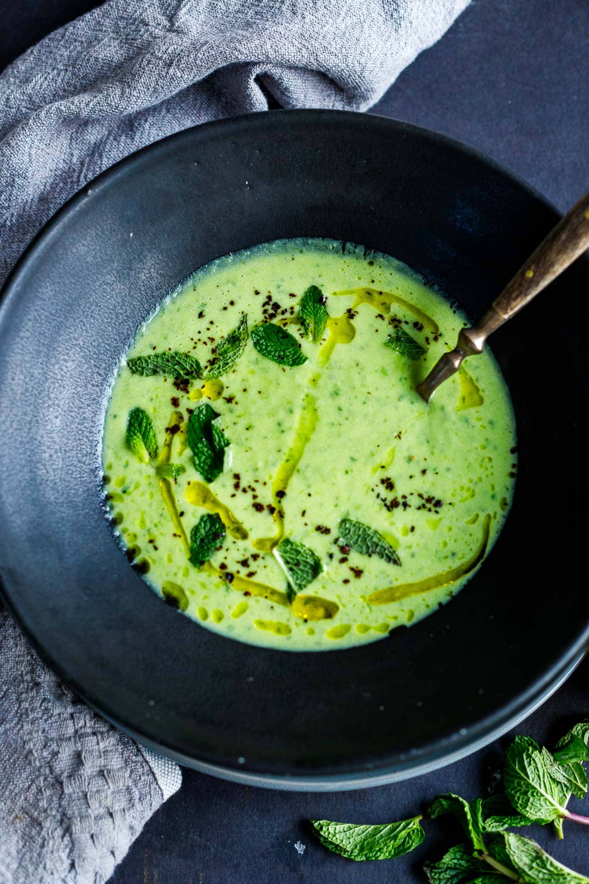 minted pea soup in bowl. 