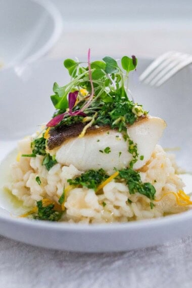 Cod risotto in a bowl.