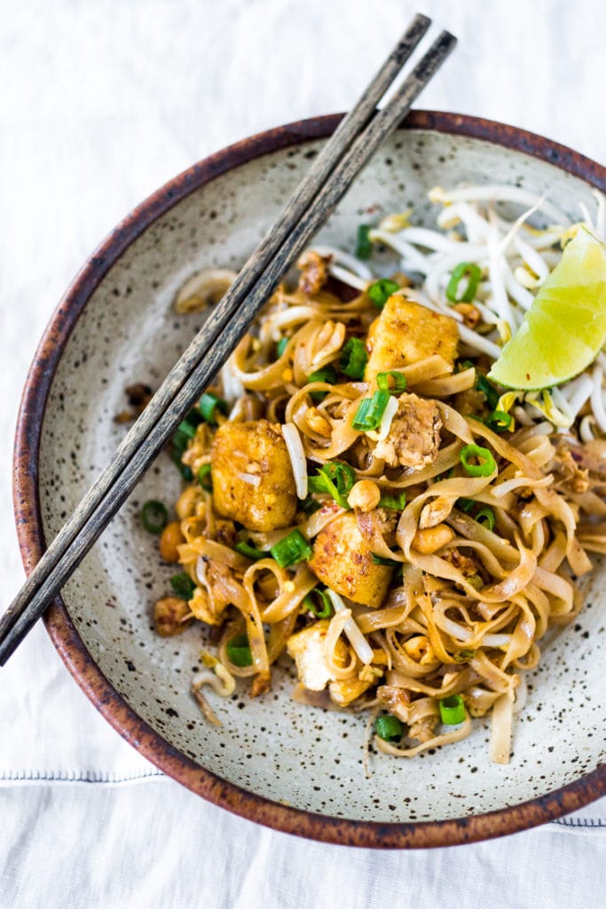 pad thai in a bowl. 