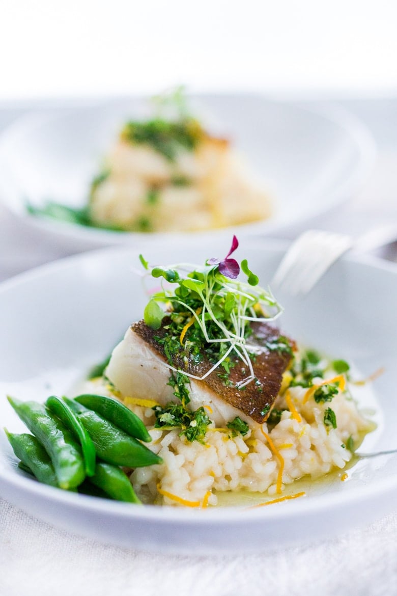 A simple delicious recipe for Seared Black Cod (or halibut, sea bass or scallops) served atop a lightened up Meyer Lemon Risotto drizzled with  Gremolata.  A perfect date-night dinner! 