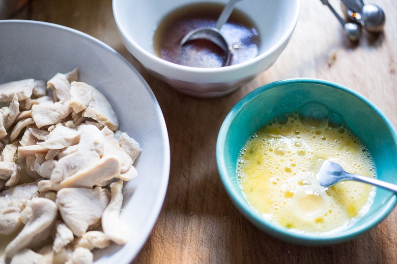 Whisked eggs in a bowl.