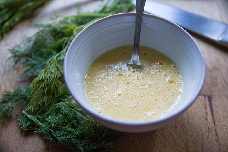 whisked eggs in a bowl.