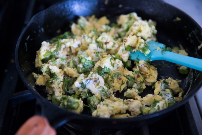 Scrambled Eggs with Asparagus, Leeks, Goat Cheese and Dill