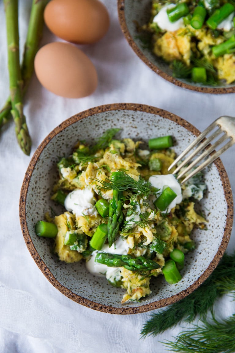 Scrambled Eggs with Asparagus, Leeks, Goat Cheese and Dill