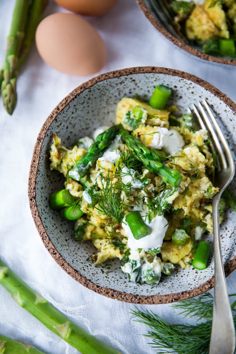  Spring Scramble with Asparagus, dill and goat cheese | www.feastingathome.com