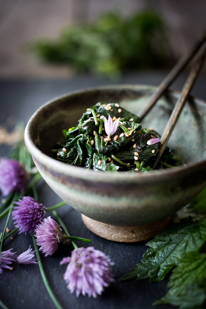 How to cook nettles! Steamed Nettles w/ Toasted Sesame Seeds, Sesame oil and Chives. Easy, delicious and detoxifying! Full of calcium and iron. #nettles #Vegan | www.feastingathome.com