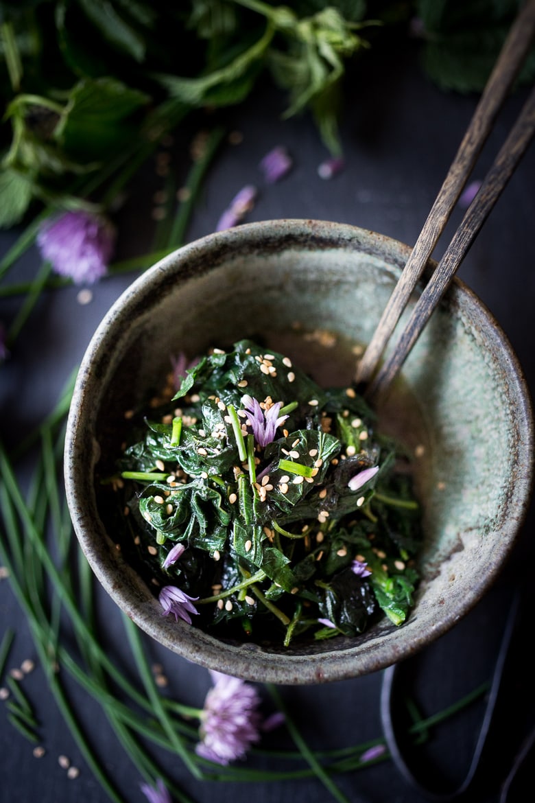 How to cook nettles! Steamed Nettles w/ Toasted Sesame Seeds, Sesame oil and Chives. Easy, delicious and detoxifying! Full of calcium and iron. #nettles #Vegan | www.feastingathome.com