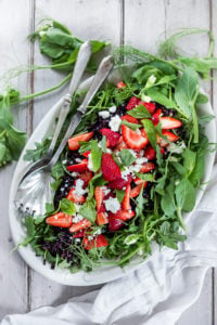 Strawberry Basil and Black Rice Salad with Arugula and Goat cheese, and a Balsamic Maple dressing. | www.feastingathome.com