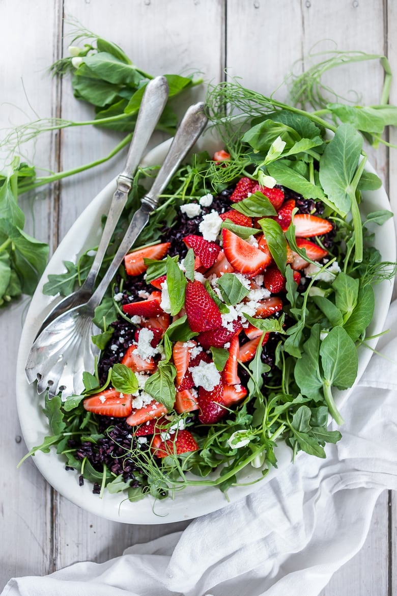 Strawberry Arugula Salad with Basil and Black Rice... with Goat cheese and a simple Balsamic Maple dressing. | www.feastingathome.com