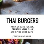 Thai Burgers with Ground turkey, Asian Slaw, Cucumber Ribbons & Spicy Chili Aioli. Light, healthy, Delicious! Easy to make. | www.feastingathome.com #thaiturkeyburger #thaiburger #turkeyburger #asianslaw #carrotslaw #healthyburger