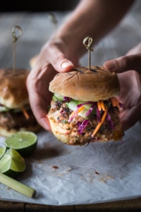 Thai Turkey Burger Recipe ! A Delicious recipe for Thai Turkey Burgers- with lemongrass, ginger & basil, topped w/ a Crunchy Asian Slaw and Spicy Aioli. Light, healthy, FLAVORFUL! Easy to make. | www.feastingathome.com #thaiturkeyburger #thaiburger #turkeyburger