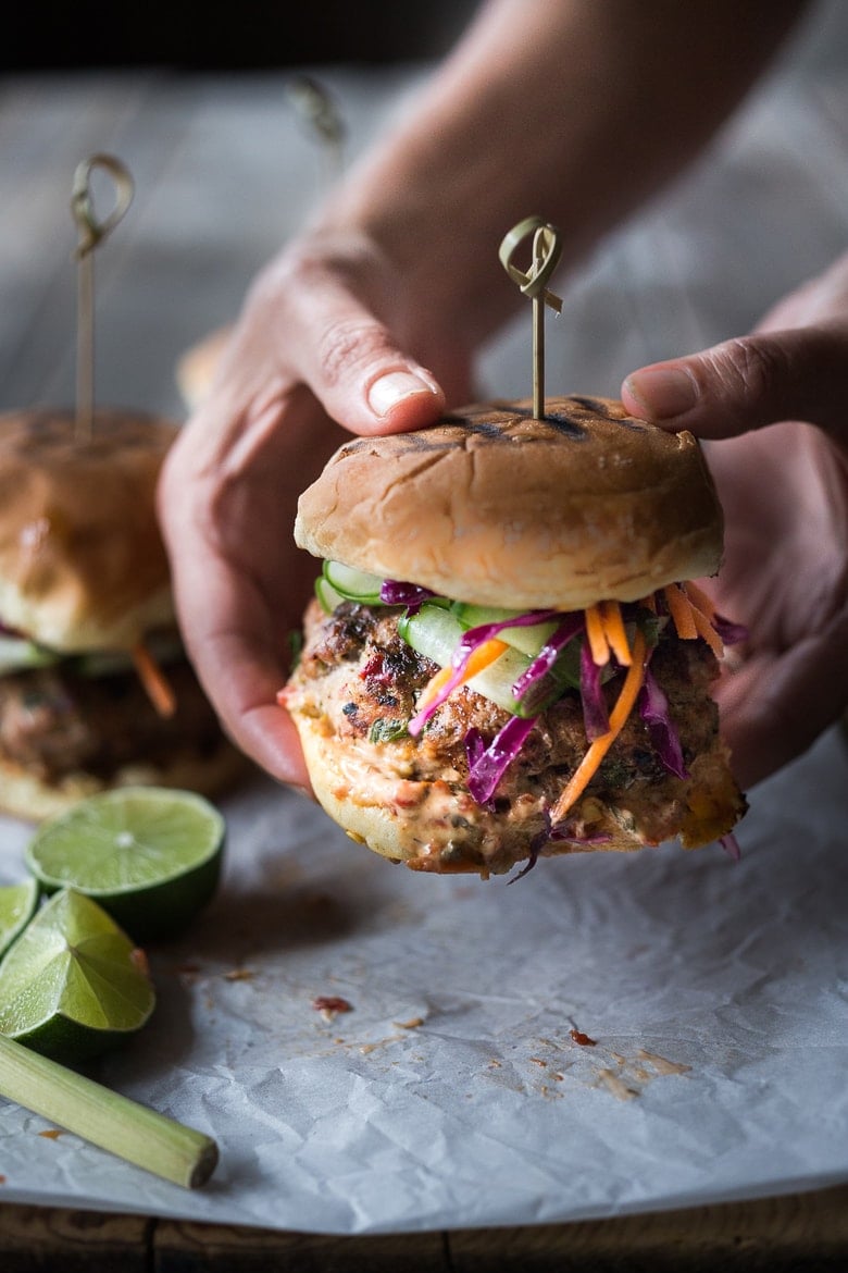 50 Grilling Recipes for summer | A Delicious recipe for Thai Turkey Burgers- with lemongrass, ginger & basil, topped w/ a Crunchy Asian Slaw and Spicy Aioli. Light, healthy, FLAVORFUL! Easy to make.