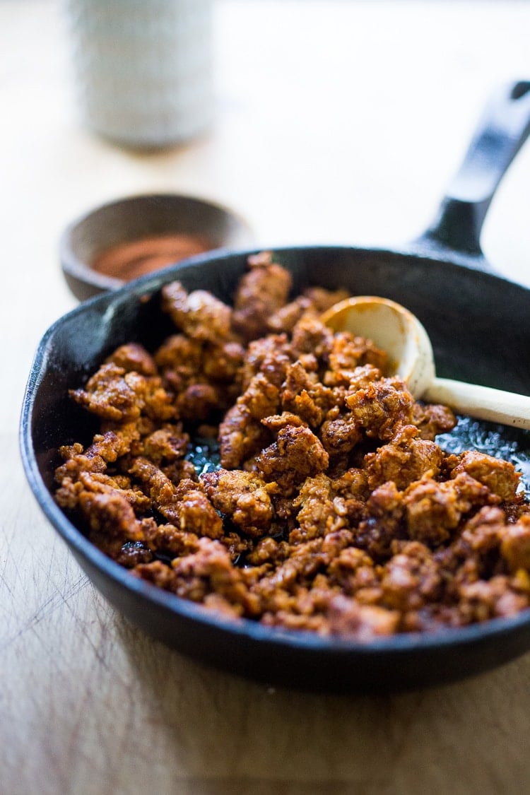 Here's a  healthy, lightened-up recipe for Mexican Chorizo, a smoky spicy and flavorful Mexican style sausage using ground turkey or ground chicken. A delicious addition to breakfast bowls, tacos, scrambles & burritos! Can be made in 20 minutes. Low-carb and GF!  #chorizorecipe #chorizo #turkeychorizo #chickenchorizo #keto #paleo #gluten-free