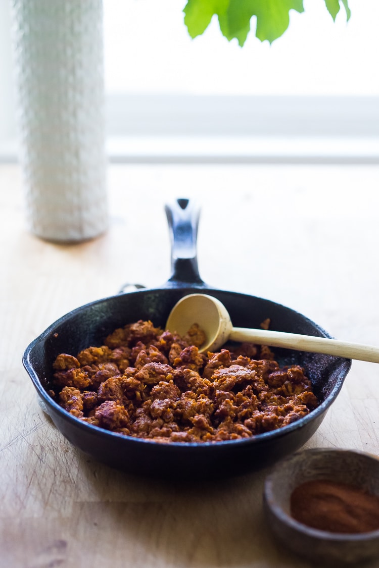 Here's a  healthy, lightened-up recipe for Mexican Chorizo, a smoky spicy and flavorful Mexican style sausage using ground turkey or ground chicken. A delicious addition to breakfast bowls, tacos, scrambles & burritos! Can be made in 20 minutes. Low-carb and GF!  #chorizorecipe #chorizo #turkeychorizo #chickenchorizo #keto #paleo #gluten-free