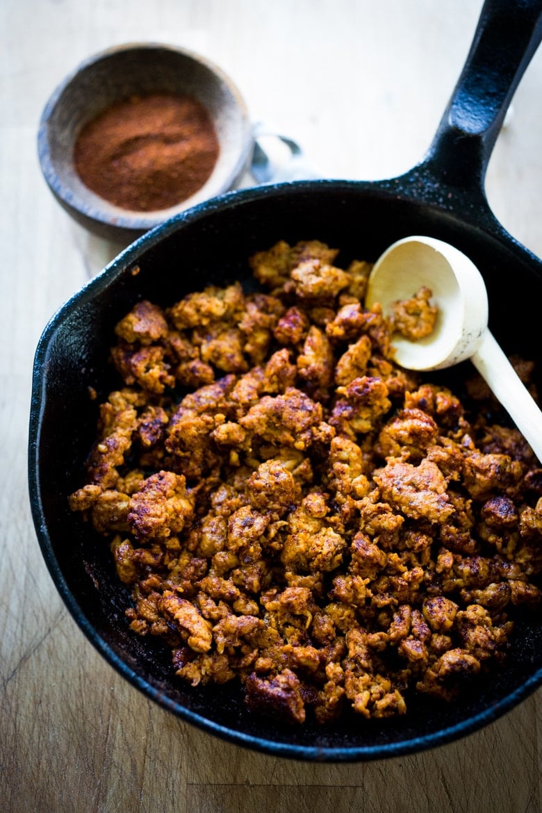 Here's a  healthy, lightened-up recipe for Mexican Chorizo, a smoky spicy and flavorful Mexican style sausage using ground turkey or ground chicken. A delicious addition to breakfast bowls, tacos, scrambles & burritos! Can be made in 20 minutes. Low-carb and GF!  #chorizorecipe #chorizo #turkeychorizo #chickenchorizo #keto #paleo #gluten-free