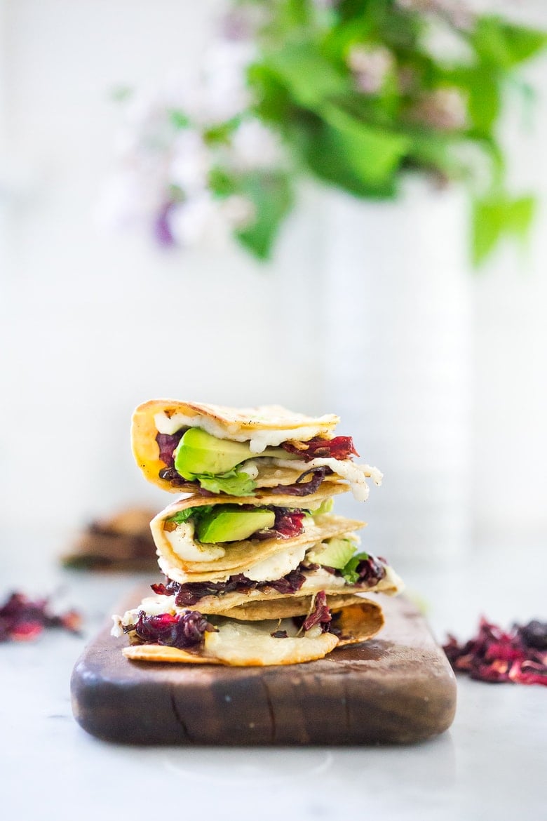 Vegetarian Hibiscus Flower Quesadillas- so "meaty" and delicious, the flowers are sauted with onion and garlic and add great texture and flavor! | www.feastingathome.com