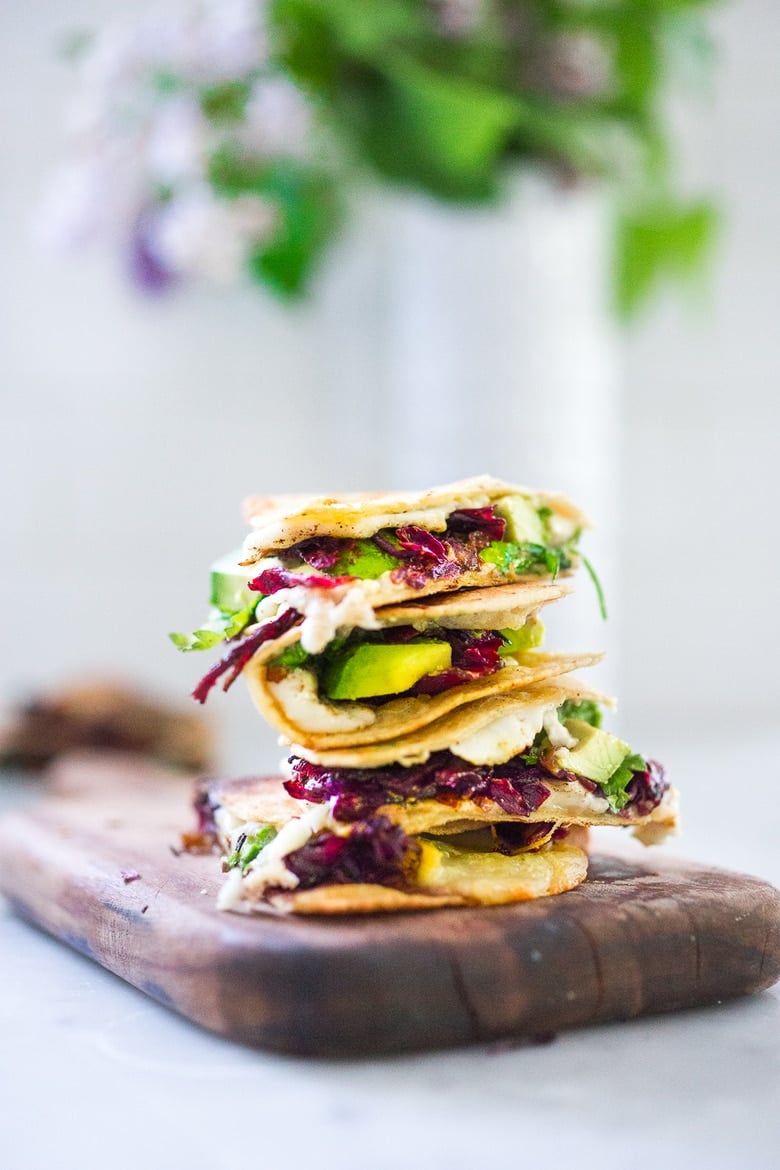 Vegetarian Hibiscus Flower Quesadillas- so "meaty" and delicious, the flowers are sauted with onion and garlic and add great texture and flavor! | www.feastingathome.com