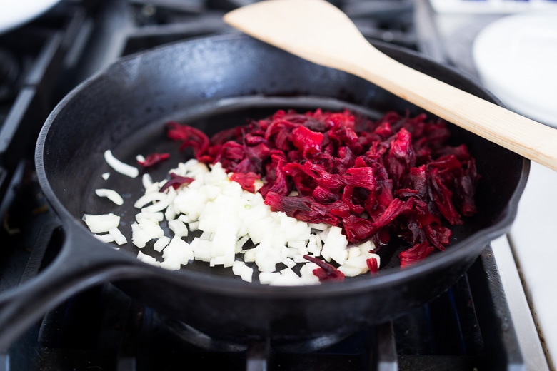 Vegetarian Hibiscus Flower Quesadillas- so "meaty" and delicious, the flowers are sauted with onion and garlic and add great texture and flavor! | www.feastingathome.com