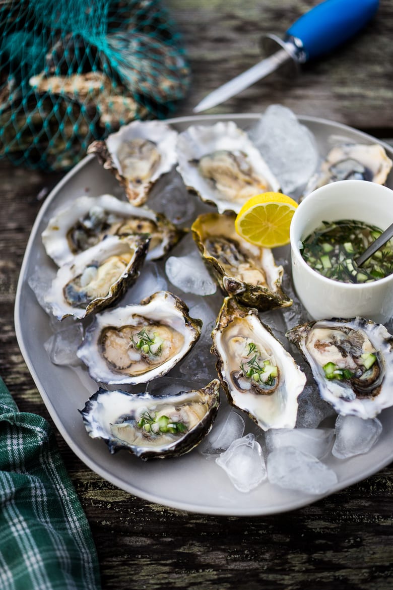 Fresh Oysters with Mustard Seed, Cucumber, Dill Mignonette