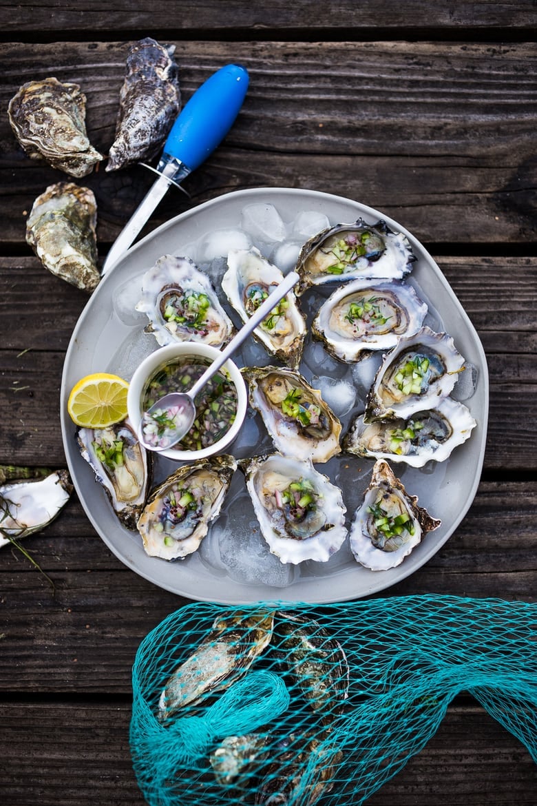  Fresh Oysters with Mustard Seed, Cucumber, Dill Mignonette