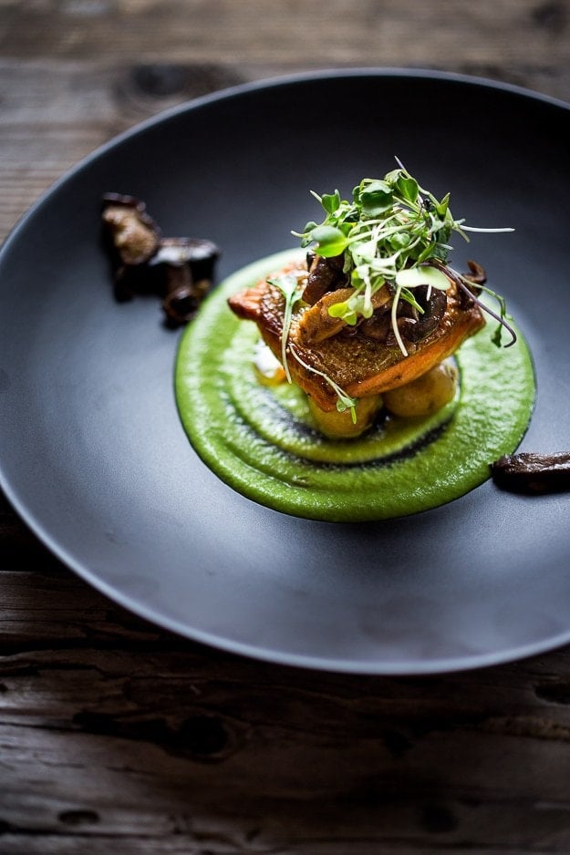 Pan-seared Trout (or Steelhead) over a fresh spring sauce with shiitakes and new potatoes. #trout #steelhead #fish #seafood #healthyfish #fishrecipes 