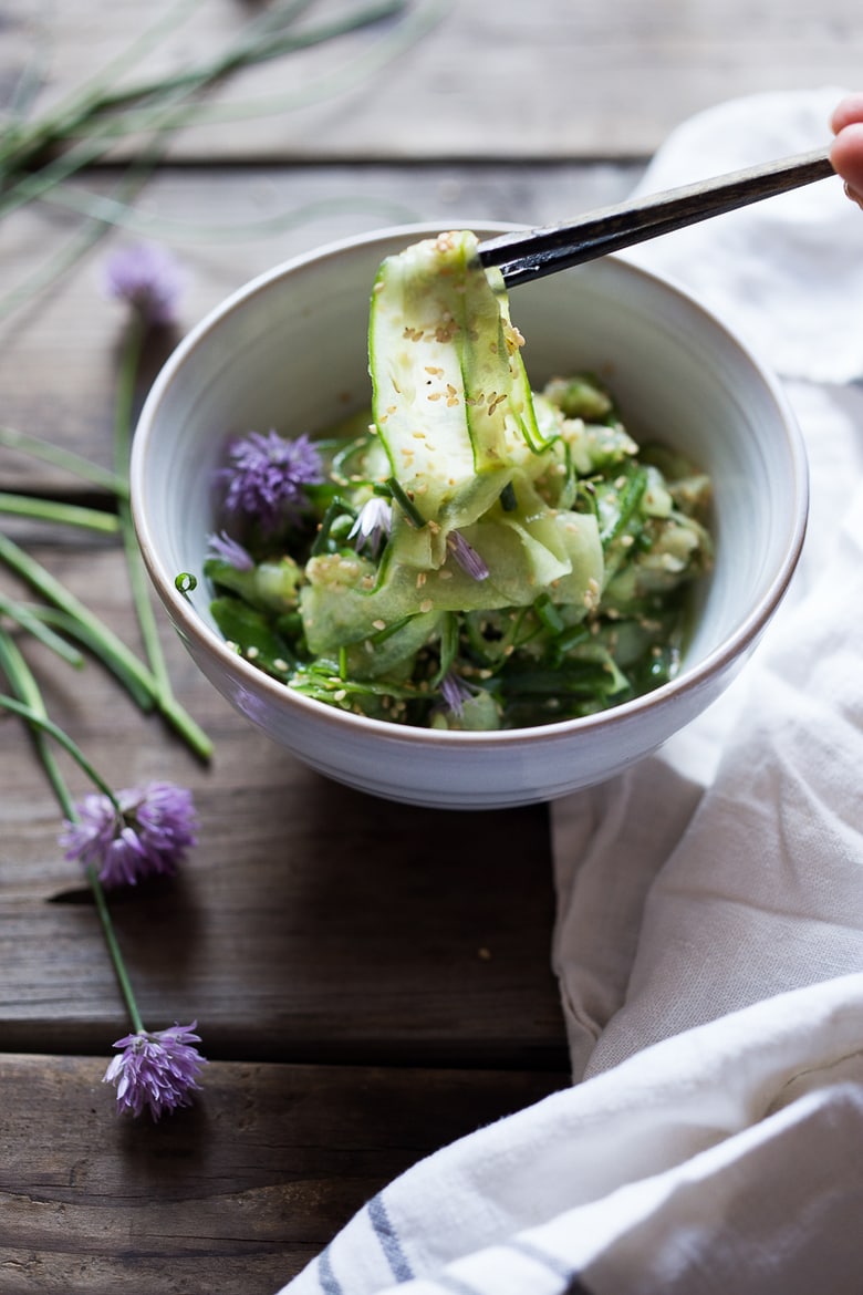 Cucumber Ribbon Salad with Toasted Sesame Seeds and Chives | www.feastingathome.com