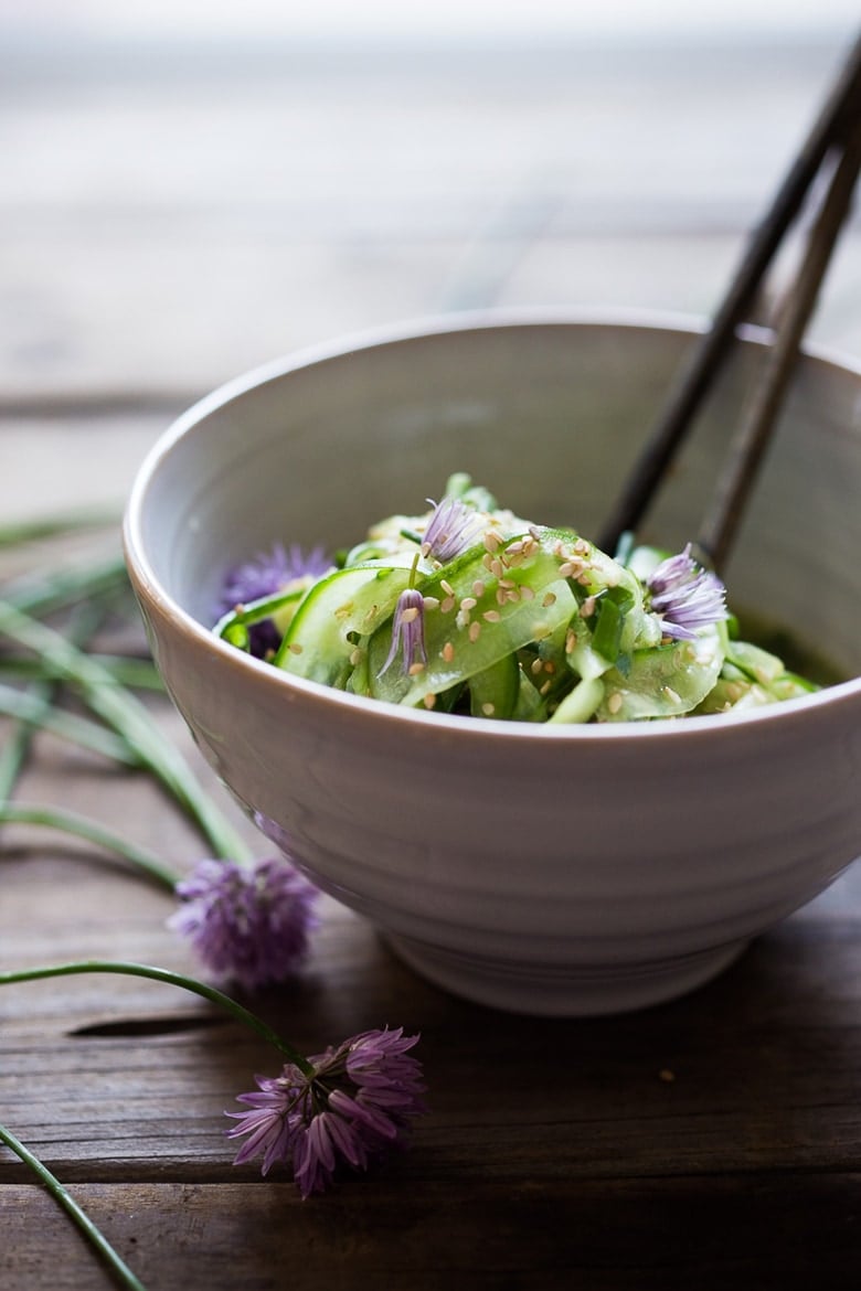 Cucumber ribbon Salad with toasted sesame seeds and chives | www.feastingathome.com