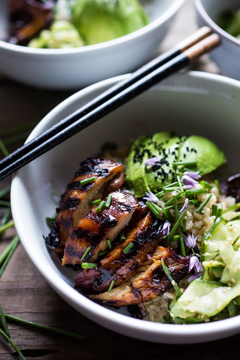 Grilled Japanese Farm Style Teriyaki Bowl - can be made with grilled chicken or portobellos, with refreshing cucumber sesame ribbon salad, avocado, and sweet brown rice. | www.feastingathome.com