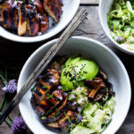 Grilled Japanese Farm Style Teriyaki Bowl - can be made with grilled chicken or portobellos, with refreshing cucumber sesame ribbon salad, avocado, and sweet brown rice. | www.feastingathome.com