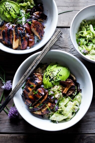 Grilled Japanese Farm Style Teriyaki Bowl - can be made with grilled chicken or portobellos, with refreshing cucumber sesame ribbon salad, avocado, and sweet brown rice. | www.feastingathome.com