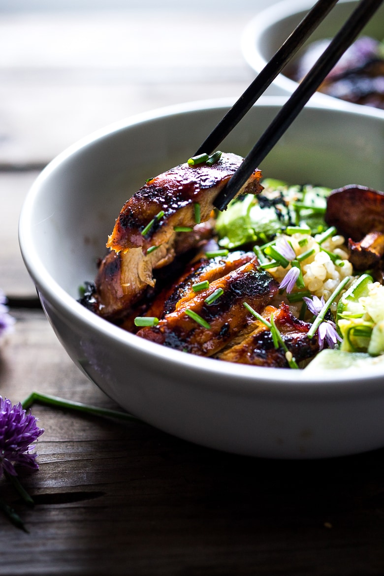 Grilled Japanese Farm Style Teriyaki Bowl - can be made with grilled chicken or portobellos, with refreshing cucumber sesame ribbon salad, avocado, and sweet brown rice. | www.feastingathome.com