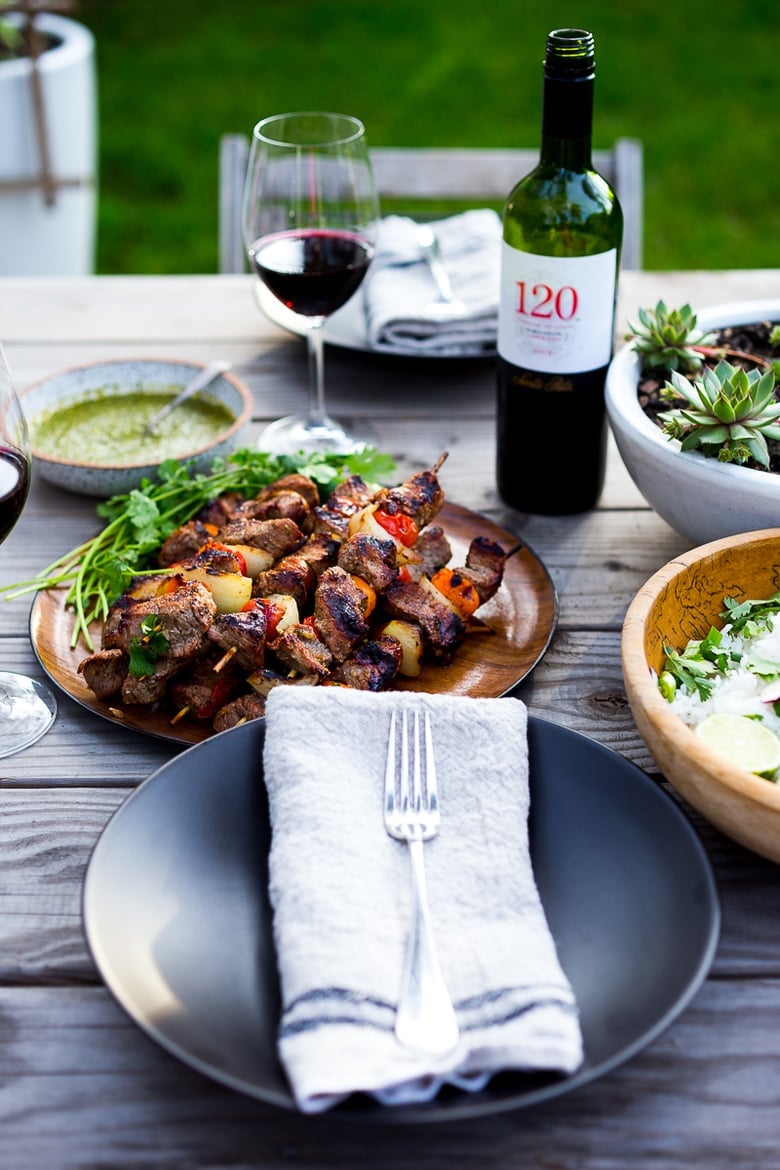 Grilled Chilean Beef Kabobs with Chimichurri Sauce and Cilantro Rice. An easy flavorful weeknight meal. | www.feastingathome.com #beef #skewers #chimichurri #grilling #kabobs #beefkabobs