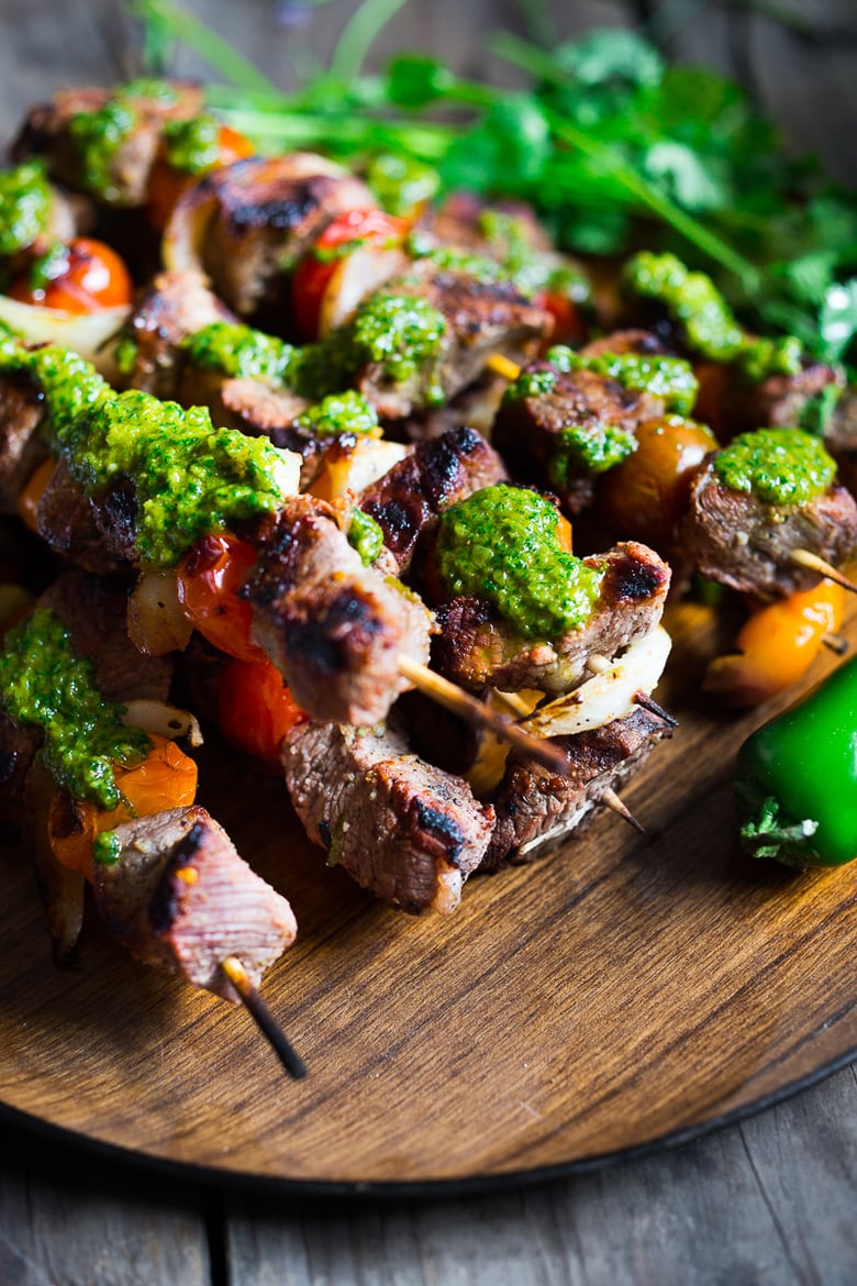 Grilled Chilean Beef Kabobs with Chimichurri Sauce and Cilantro Rice. An easy flavorful weeknight meal. | www.feastingathome.com #beef #skewers #chimichurri #grilling #kabobs #beefkabobs