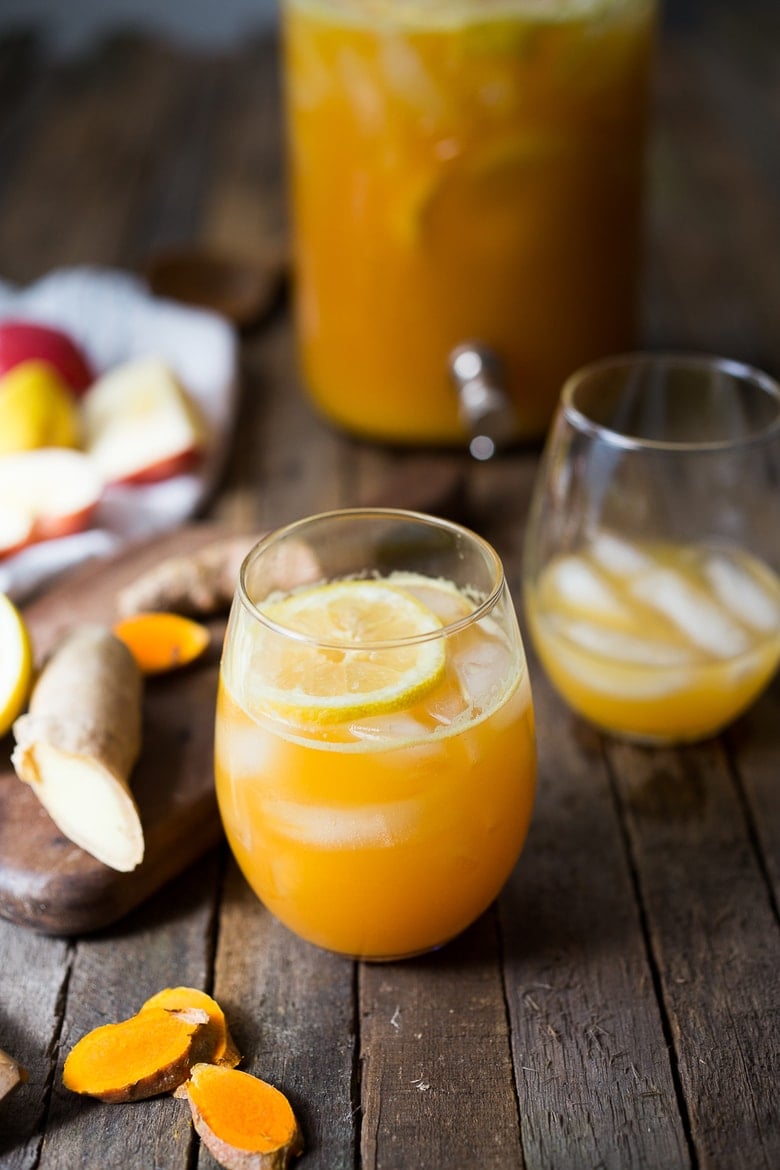 Sugar-free Turmeric Gingerade -a healing, energizing "lemonade" sweetened only w/ apple juice & infused w/ ginger and turmeric root- very healing, soothing & detoxing!