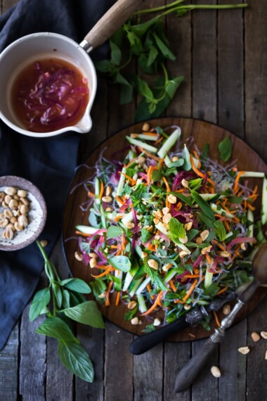 An incredible recipe for Vietnamese Vermicelli Salad w/ Sweet Chili Vinaigrette & Roasted peanuts - bursting with flavor and healthy and light! | www.feastingathome.com