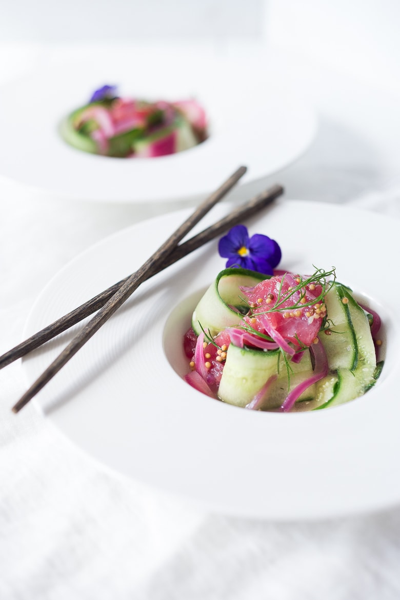 Cucumber Ahi Salad with pickled onion, dill and mustard seeds- a simple healthy meal that's low carb, gluten free, and paleo. | www.feastingathome.com