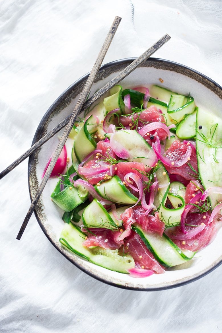 Cucumber Ahi Salad with pickled onion, dill and mustard seeds- a simple healthy meal that's low carb, gluten free, and paleo. | www.feastingathome.com