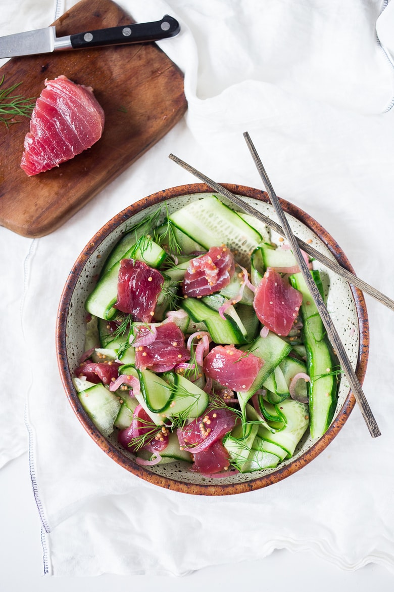 Cucumber Ahi Salad with dill and mustard seeds, a light fresh and healthy meal. | www.feastingathome.com