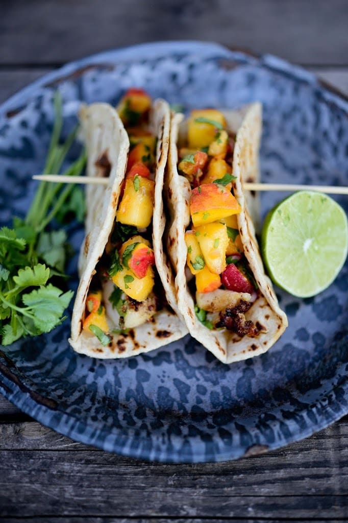 30 Summer Dinners for Hot Days! Grilled Chipotle Fish Tacos with Fresh Peach Salsa - a delicious healthy light summer meal| www.feastingathome.com